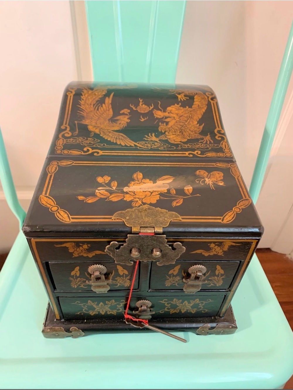 Vintage Black Gold Chinese Dragon Phoenix Mirrored Jewelry Box